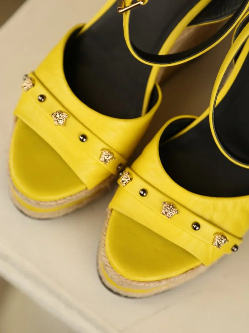 Versace Yellow Leather Espadrille Platform Wedge Sandals